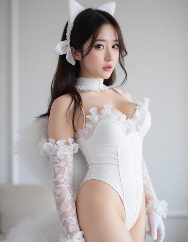 (realistic, highest quality: 1.4),(woman,smile(light pink)),((Show your armpits)open your legs)(one piece tight latex suit),Pearl Accessories,lace embroidery,headdress,choker,gloves up to the elbow,garter stockings,cloak,black tone),(garden,colorful flowers)