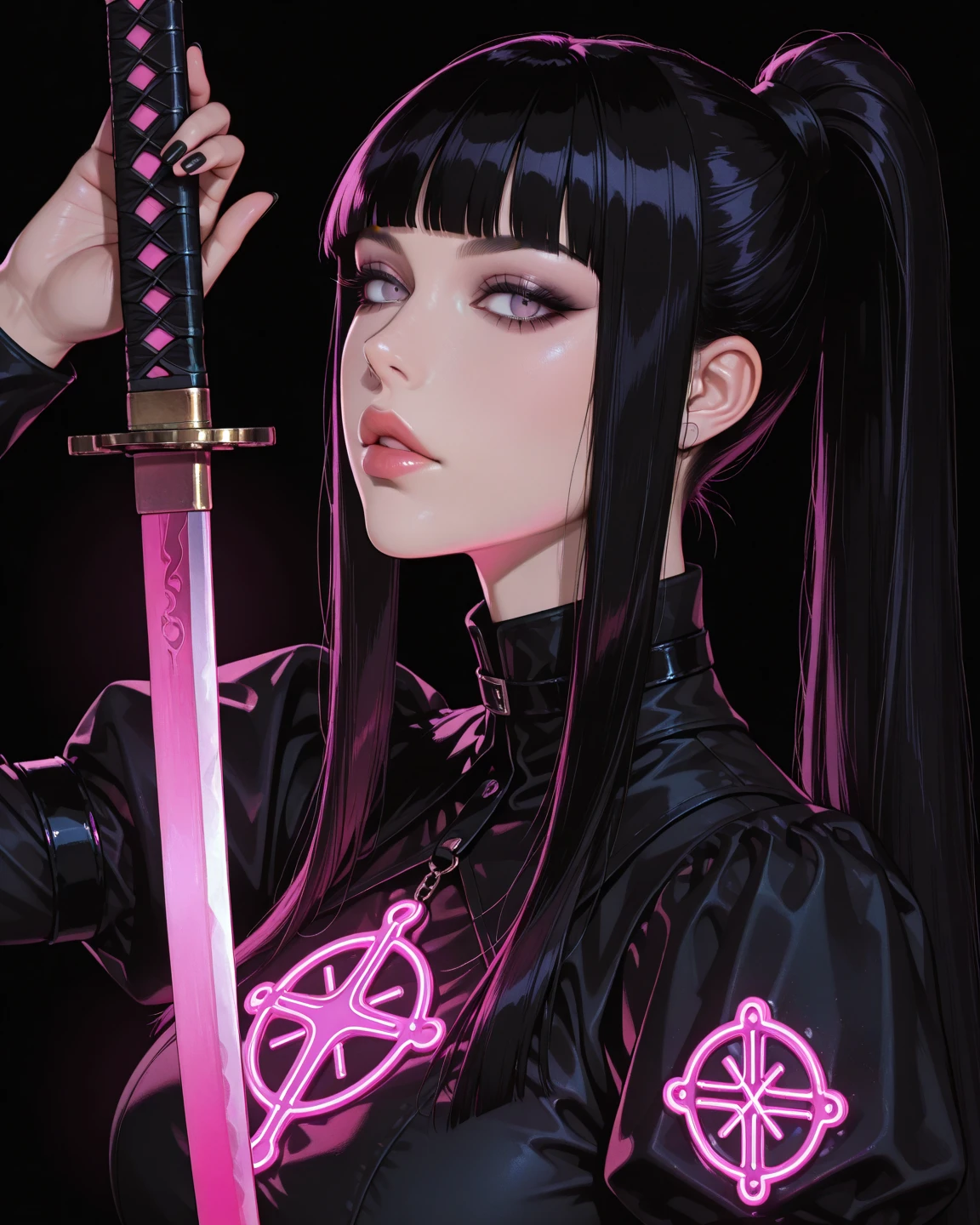 Pyscho Girl black hair with pink bangs gothic eyes knife blood