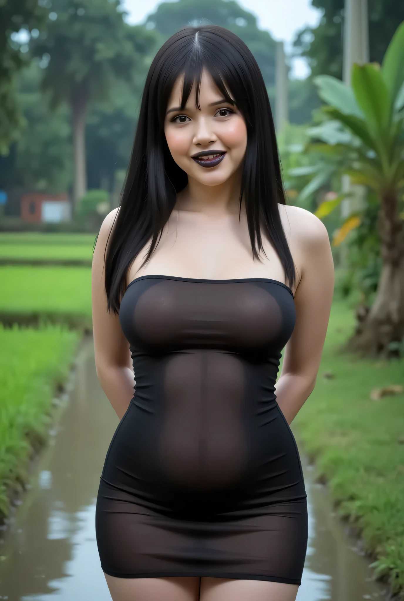 GOTHIC black lips, Pregnant stomach, Cute Small, Visible female panties, front posing, ("Facial expression in Happy big Orgasm"), Both hands lying behind the back, (photorealistic:1.6), background rice paddy. Waktu Senja atmosphere, (((please don't showing any finger!!!))), (TIGA HUGE TEDDY BEAR)), hands behind back, Look from the front you are stupid!, wearing Fully TRANSPARENT oren unbuttoned tight strapless dress. (blink pink eyeshadow & pink eyeliner) PLEASE DON'T PUT ANYTHING ROPE AT MY CLOTHES!!!. BOTH HANDS PLACED BEHIND THE BACK , SILFOE PHOTO. BIMBO LIPS, black hair bang style long straight and ビーチチェアに横たわる ビーチのそば. Sekuntum mawar merah berduri. HEAVY RAIN, FLOOD WATERS RISE TO WAIST LEVEL
