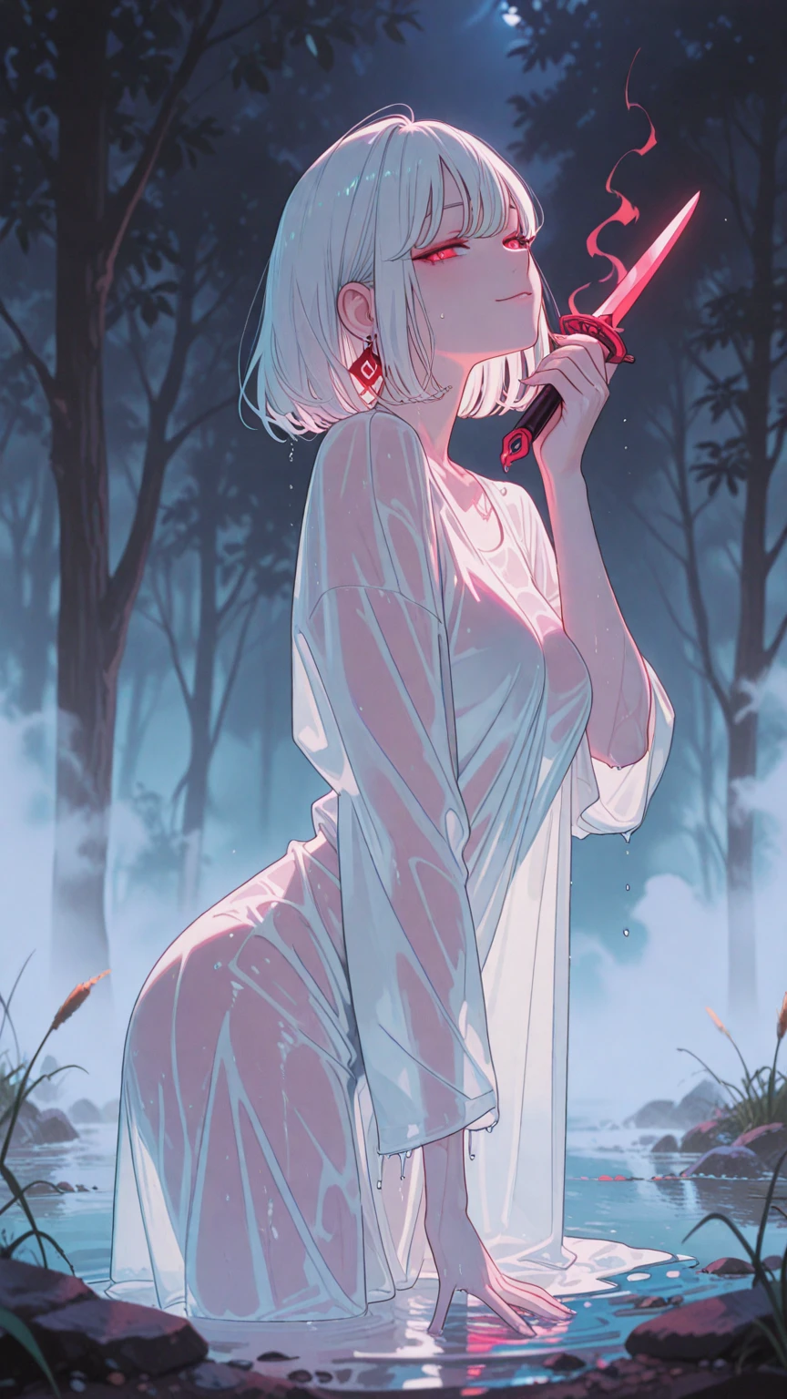 White skin Dark Background Completely naked White Hair Red eyes Short Hair Night Forest Standing posture View from the side Naked