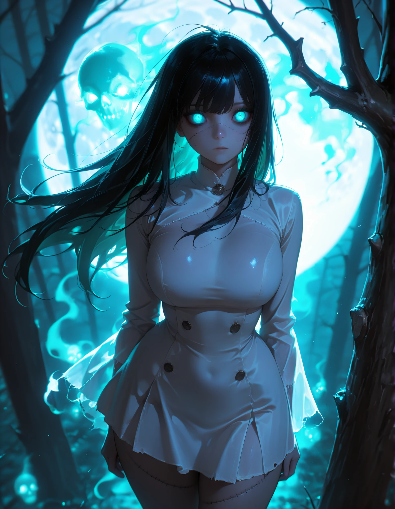 Masterpiece, best quality, Solo, 1Girl, very beautiful girl, big breasts, huge breast, full of wounds, full of stitches, injured, ghost woman, long straight black hair, eerie wide eyes, expressionless face, wearing a long white dress, standing on a tree branch, dark and misty atmosphere, horror vibes, full moon in the background, unsettling presence, wind gently moving hair, pale skin, supernatural aura, cinematic lighting, ultra detailed, sharp focus.