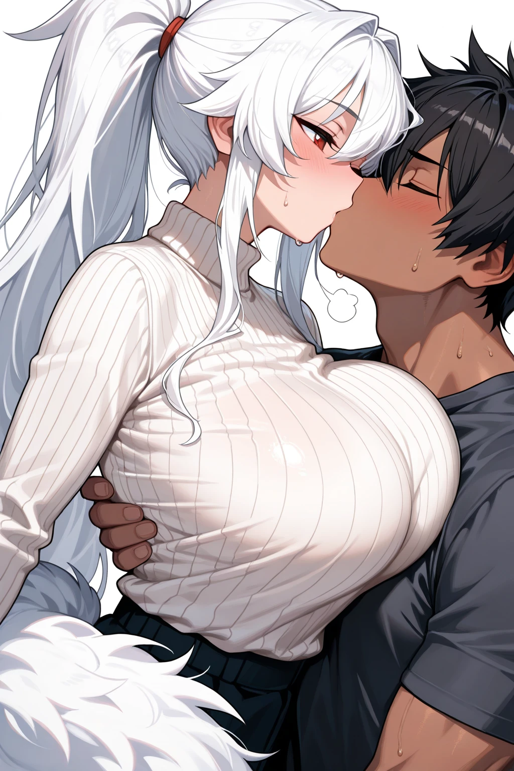 a black and white drawing of a woman, black and white manga style,  black and white manga panel, black and white manga, white long hair, ( detailed face:1, (nude),detailed illustration, large breast:1.6,bottomless, topless,),  ((armpits, crying expression:1.5,(sex:2) ,pov)), black background, abs:1.2, open mouth, 