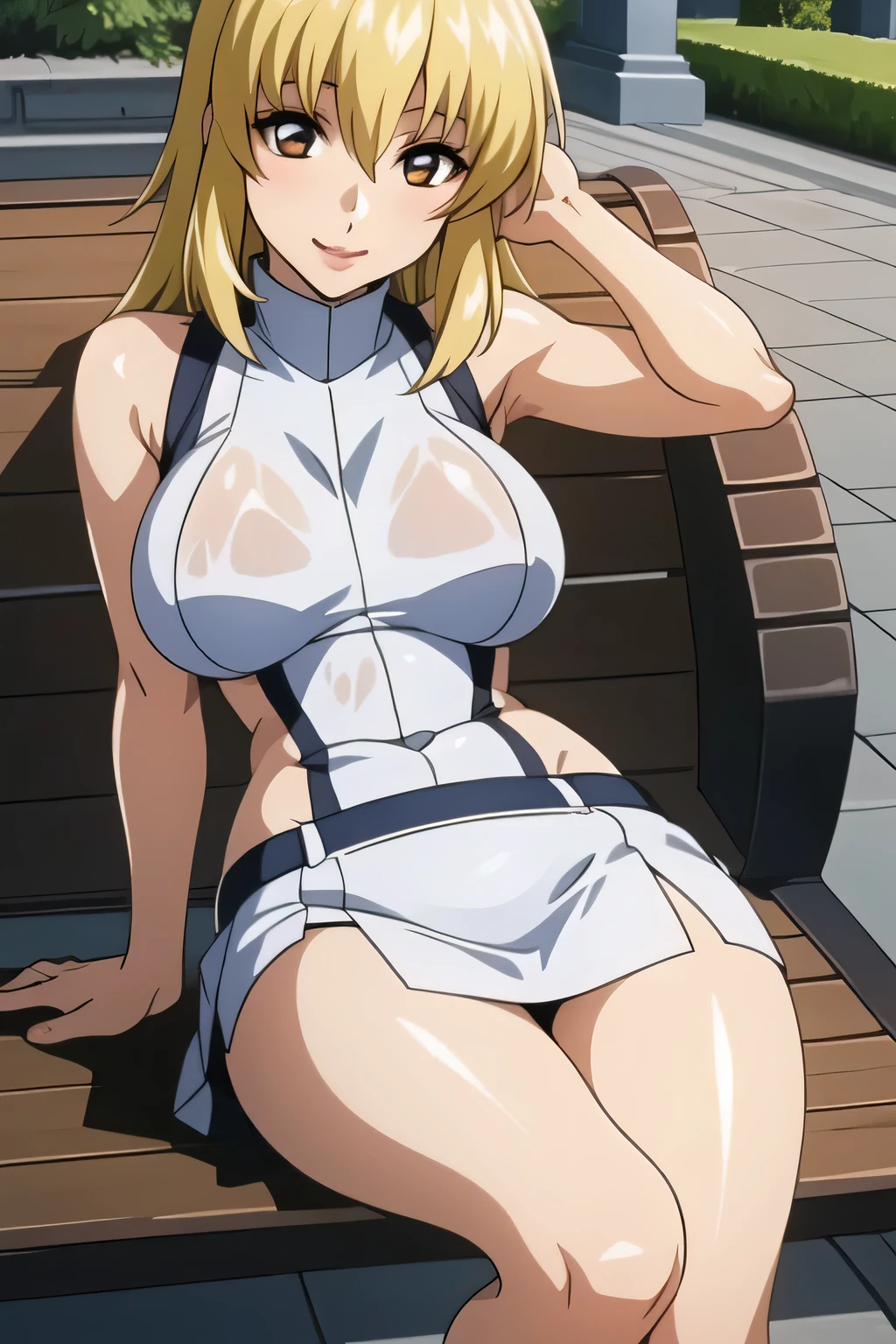 1girl, solo, masterpiece, best quality, extremely detailed 8K wallpaper, ultra detailed, volumetric lighting, best anatomy, detailed eyes, beautiful eyes, best shadow, retro artstyle, 1990s (style), sexy, blonde, long hair, red eyes, long legs, ((suspender leotard)), topless, large breasts , muscular, cowboy shot, in a bar