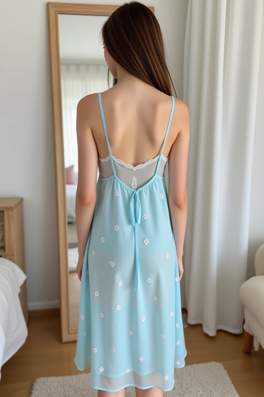 high quality,8K,high resolution,wife POV from behind,1 personality,tall,realistic original texture,Much Muchi,cute smile,one hand on back hip,(Plump body 8),(beautiful sky blue long frock, with white net design),(Muchimuchi body 8),(luxury bedroom scenery),colorful, round sunglasses,