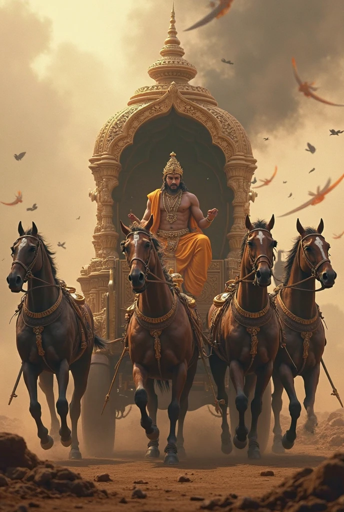 High-resolution photograph of A tamil king wearing golden dhoti is riding a two horsed chariot on palace road, hyper realistic, 3d