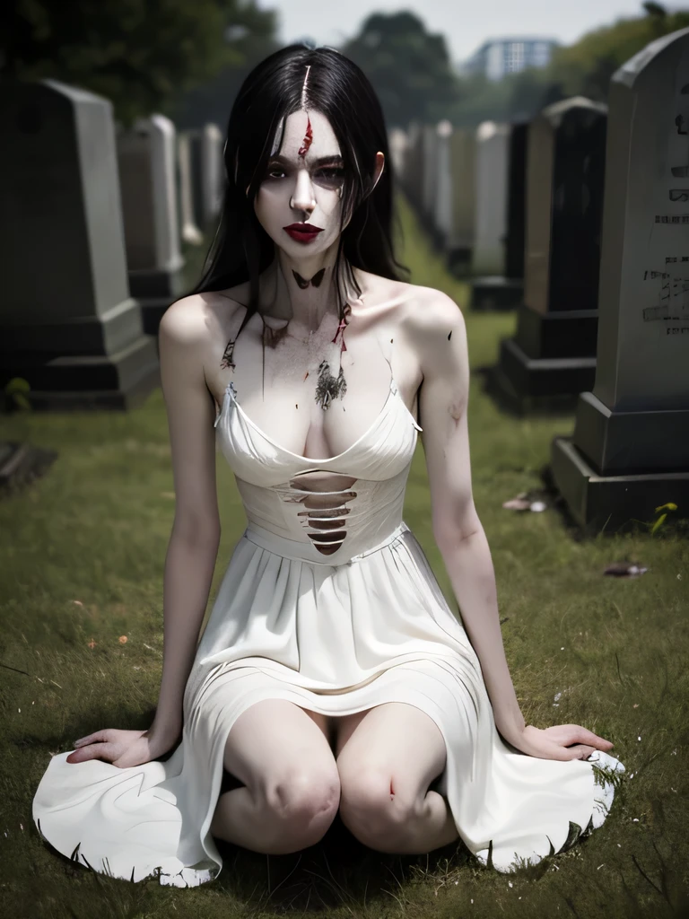 corpse, sinister, female, thin, pale, looking at the camera, ultra realistic, fully detailed, cemetery environment, bright eyes, white dress torn and stained with blood, bones exposed, putrid wounds, sensual, terrifying, bruised by the body, exposed fracture in the collarbone, slight smile, super detailed, full body