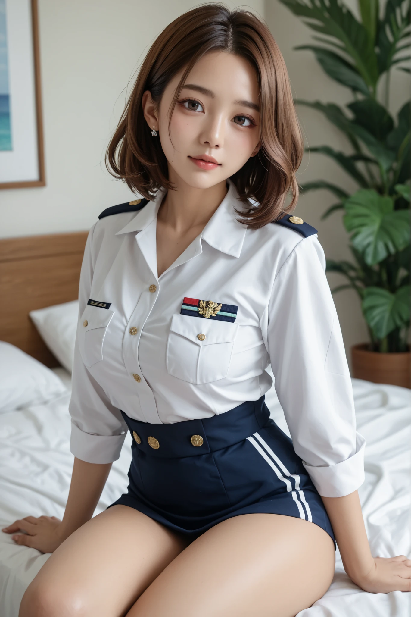 real photos、real person,photorealistic、best image quality、real image、squat and open your legs、beautiful and best smile、beautiful camel toe、（White cotton bikini panties:1,4）、Shikoshiko with right hand、federal army uniform miniskirt、Yuko Sugai、japanese woman, 16 years old、ponytail、Satomi Ishihara、pretty girl、white pantiesが丸見え、（white panties:1.3）、super mini skirt、beautiful thighs、white panties、ミニスカートがめくれてwhite pantiesが見えてる