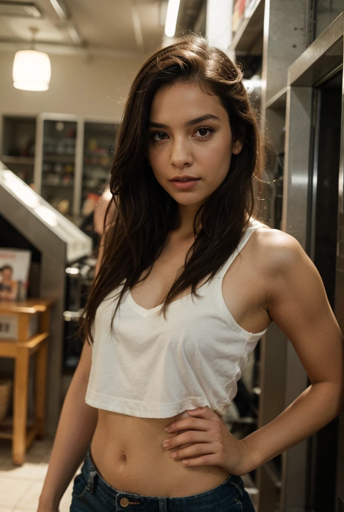 A pretty and tender 1 teenager , model, , light white short clothes
, energy neutral , beautiful brown eyes, wavy hair with bangs. Thin but athletic and with an angel face At the gym lifting weights
