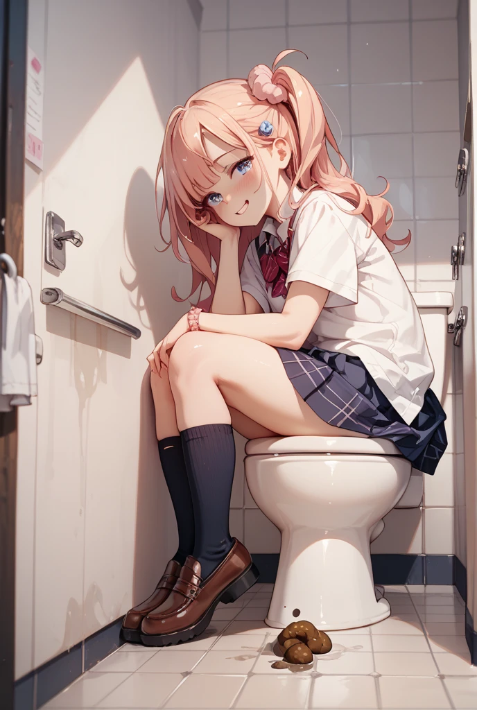 One person、Long pink hair、Red Corner、White collared shirt、Black tie、Bright smile、Yellow Eyes、Red horn、horny_power、Sit on the toilet、Absurd、Detailed eyes、Very detailed、Volumetric lighting、Real、Realな照明、8k、Cinematic lighting、Depth of written boundary、perfection、Super detailed、Photorealistic、超Real、Realな光、Hard Lighting、Intricate details、Stop Motion、Tone Mapping、Sharp Focus、Super detailed、