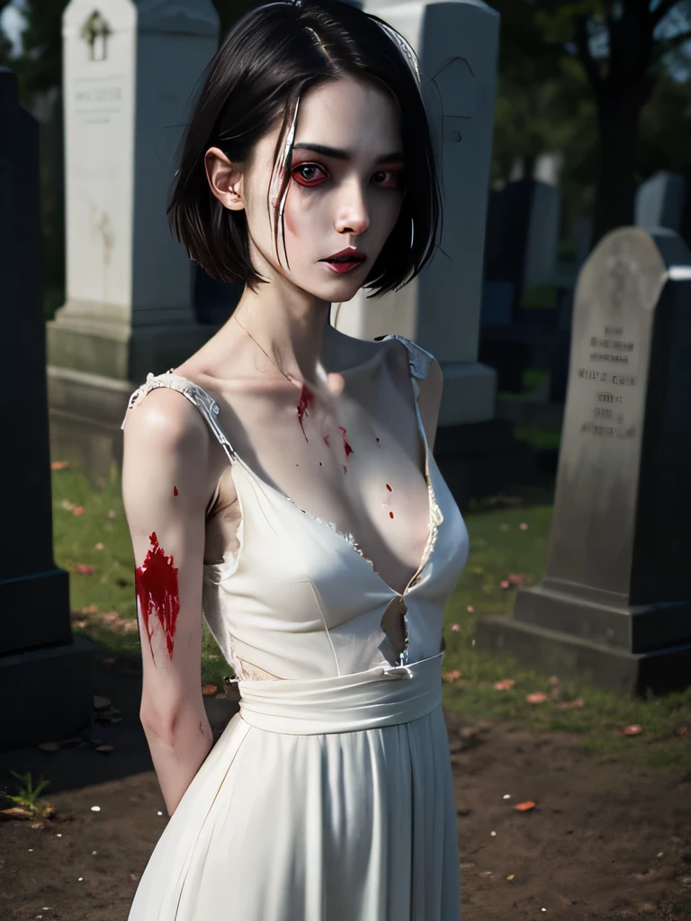 corpse, sinister, female, thin, pale, looking at the camera, ultra realistic, fully detailed, cemetery environment, bright eyes, white dress torn and stained with blood, bones exposed, putrid wounds, sensual, terrifying, bruised by the body, exposed fracture in the collarbone, slight smile, super detailed, white eyes,gun shots in the body, short hair,