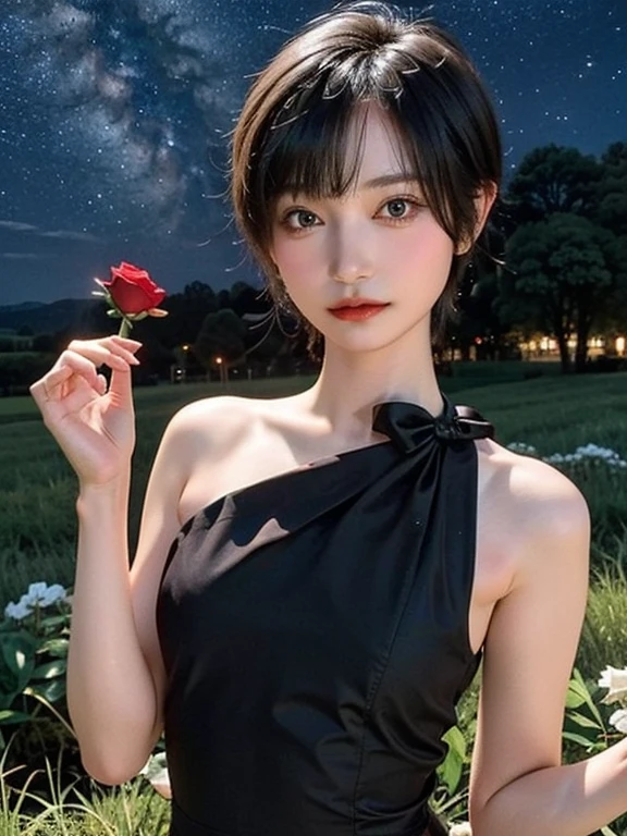 beautiful 16 year old girl, Skinny body, small bust, very short hair, smooth black color, she has a short white dress, bare shoulders, two hands, Whole body, holding a red rose in her right hand, Perfect face, on a hill at night , few trees, starry sky, very bright stars, look forward, sad