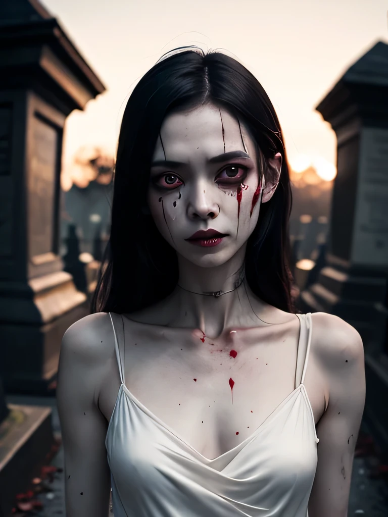 zombie girl, Perfect face, perfect body, body shot: 1.3, Ultra details on beautiful face, Hair to the wind, ultra details, 8k, closeup on her big round breasts, background inside cemetery
