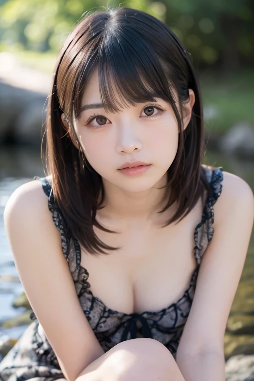 an asuna from asuna anime in an erotic pose by a waterfall, 1girl, solo, breasts, black hair, cum on body, thighhighs, cum, censored, detached sleeves, mosaic censoring, cum on breasts, white thighhighs, on back, short hair, japanese clothes, lying, miko, pussy, nipples, cum on hair, after sex, yellow eyes
