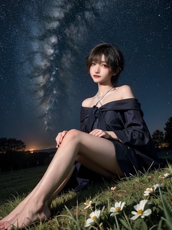 15 year old girl, short hair, black color, Very curly, ribbon on the neck, Skinny body, small bust, naked, With a blanket, lying down, two hands, shows her legs, sitting on a hill at night, very starry sky, few trees, flowers illuminating, she very pretty.