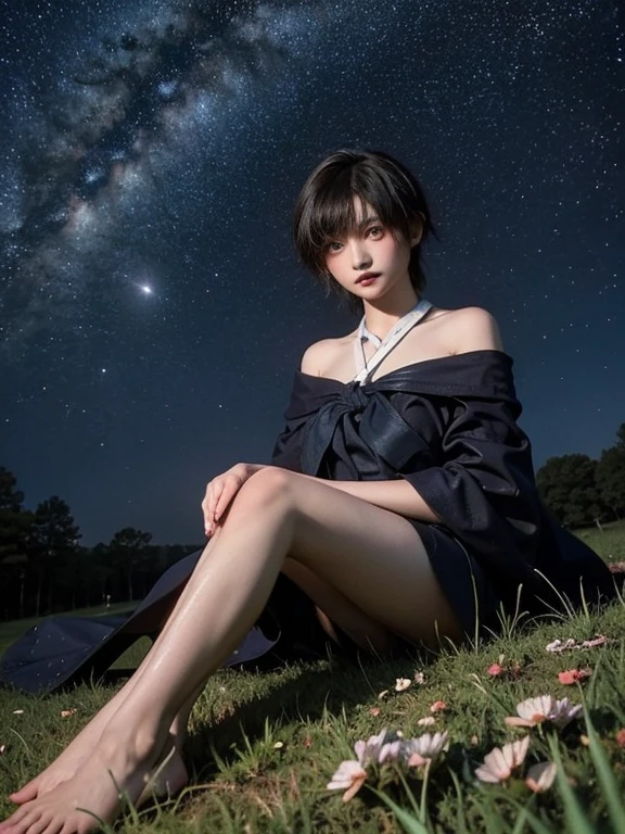 17 year old girl, naked, Skinny body, small breasts, Whole body, different poses, On the grass, night sky, full of stars