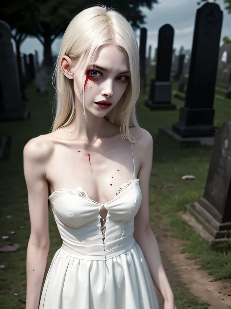 corpse, sinister, female, thin, pale, looking at the camera, ultra realistic, fully detailed, cemetery environment, bright eyes, white dress torn and stained with blood, bones exposed, putrid wounds, sensual, terrifying, bruised by the body, exposed fracture in the collarbone, slight smile, super detailed