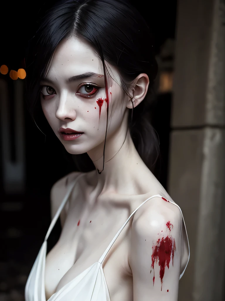 corpse, sinister, female, thin, pale, looking at the camera, ultra realistic, fully detailed, cemetery environment, bright eyes, white dress torn and stained with blood, bones exposed, putrid wounds, sensual, terrifying, bruised by the body, exposed fracture in the collarbone, slight smile, super detailed, black short hair, blood and wounds, stab wounds on body, dirty clothes