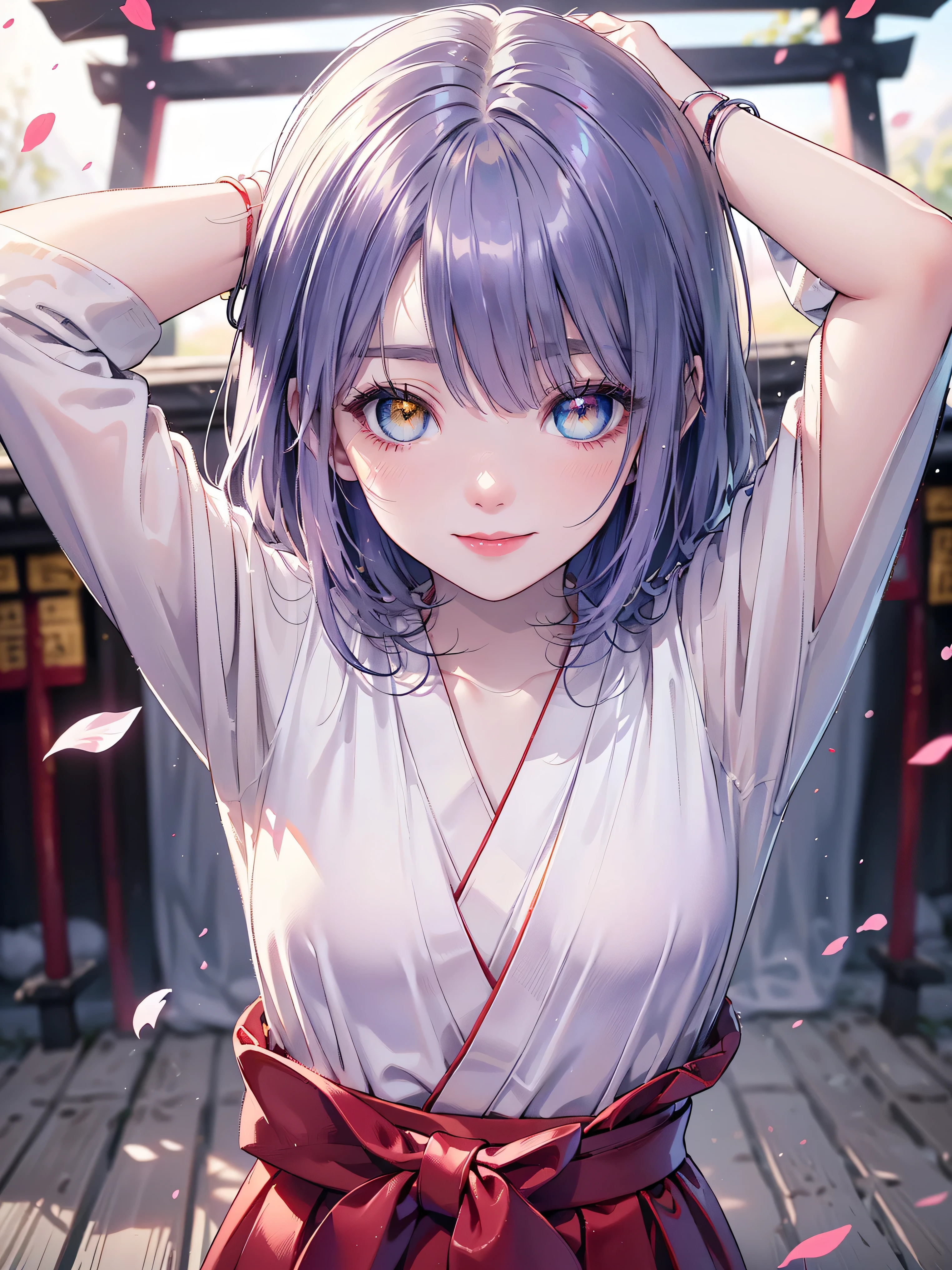 (((Masterpiece))), (((Highest quality))), ((Ultra-detailed)), ((Super fine illustration)), ((Ultra-fine painting)), (16K highest quality wallpaper:1.4), (Upper body:1.6), (From front:1.4), HDR, (Highly detailed and delicate illustration style:1.8), Detailed skin texture, Detailed cloth texture, Extreme detailed description, (T-masterpiece), (Highly detailed face:1.4), (Highly detailed purple fox ears:1.4), (Highly detailed beautiful and shiny purple low-ponytail:1.4), (Highly detailed beautiful and clear blue eyes:1.4), Original, RAW photo, Professional, Intricate details, Super details, Direct light:1.6, (Perfect anatomy:1.4), (Highly detailed hands:1.2), (Highly detailed fingers:1.2), (Highly detailed fingertips:1.2), (27-years-old), Real, (Solo:1.6), ((A very beautiful and attractive purple (fox:1.4) female fashion model who is a messenger of God and a traditional Japanese sacred shrine maiden:1.4)) 
BRAKE 
(Beautiful and adorable purple fox ears:1.6), (Highly detailed and delicate purple fox ears:1.4), (Beautiful and well-shaped big breasts:1.2), (Beautiful and well-shaped buttocks), (Beautiful and shiny purple low-ponytail:1.6), (Highly detailed and delicate purple low-ponytail:1.2), (Beautiful clear blue eyes that shine with great detail:1.6), (Highly detailed and delicate blue eyes:1.2), (Highly detailed face:1.4), (Smile:1.5), (Blush:1.3), (Looking at viewer:1.4), (Celebration:1.4) 
BRAKE 
((Brightly white and purple colored) and divine traditional shrine maiden costumes at Japanese shrines:1.4), (Japanese divine traditional costume:1.2) BRAKE 
((Highly beautiful and detailed Ise Grand Shrine in Mie Prefecture just after noon in the background:1.6), Ise Grand Shrine:1.2, Highly beautiful in the sunny sky background just after noon:1.2) 
BRAKE 