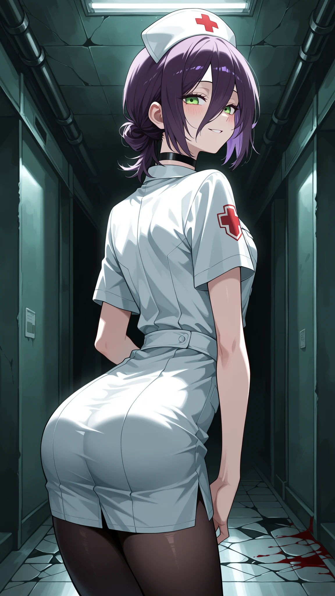 score_9, score_8_up, score_7_up, source_anime, Expressiveh, girl futanari with peeking flaccid penis，nurse，White round cap, Wearing Kamikawa, cover comic magazine, pretty face, Body moisturized and shiny, purple short hair，Put your hands behind， Professional attire，subway station，Black suspender stockings,  harness under clothes, leaning on wall