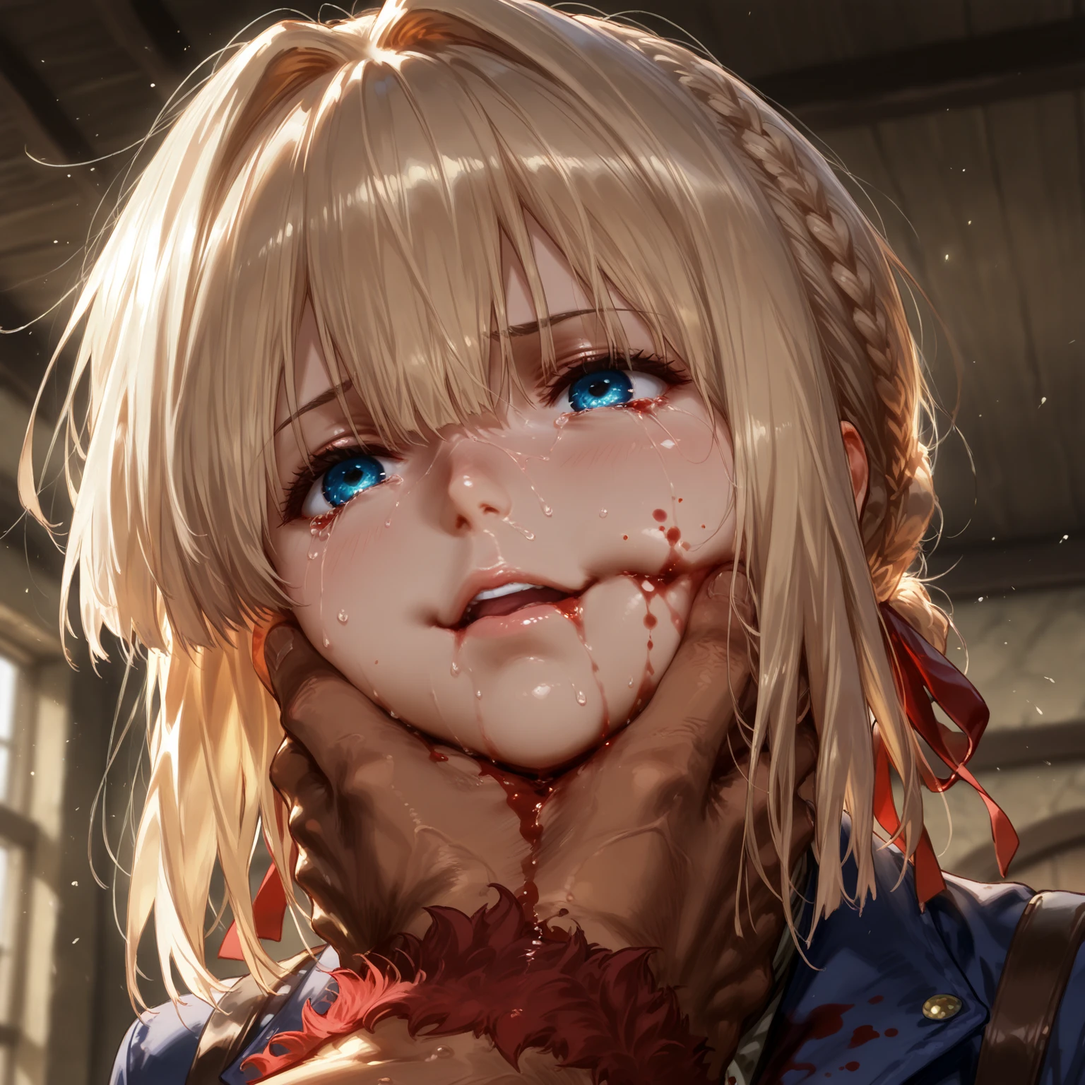 Excellent, masterpiece, blonde hair, red eyes, tattered white clothes, straight eyes, upper body, extremely complex hair, fair skin, scattered hair