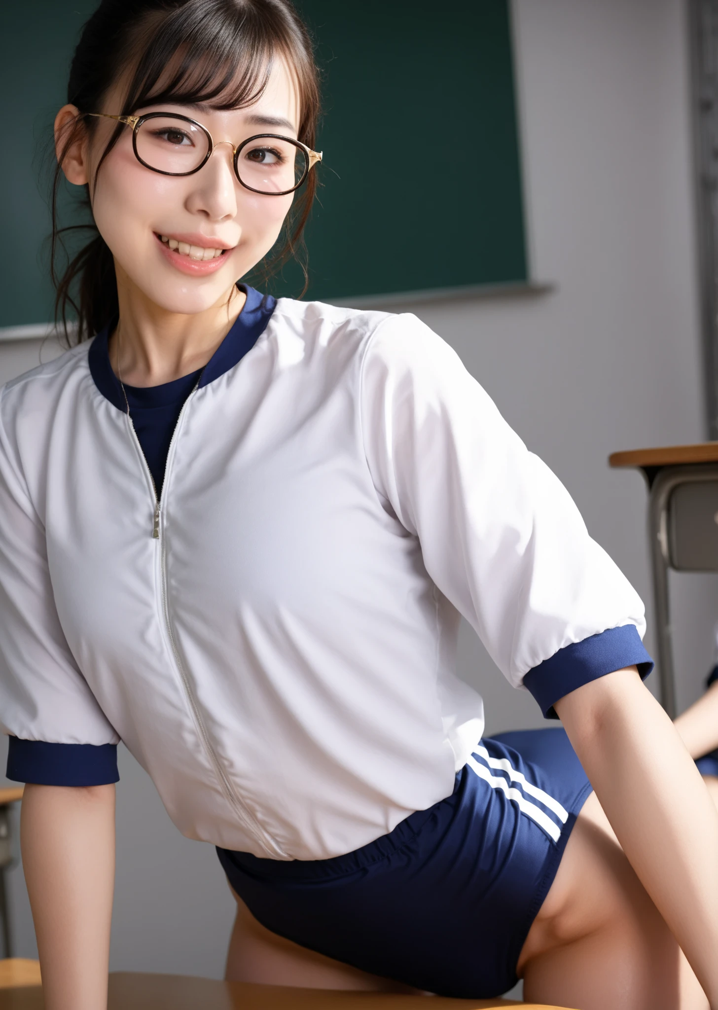 8k、high resolution、masterpiece、realistic、In detail、Fine texture、portrait from head to toe、high contrast、alone、high school girl、natural body shape、white skin、natural makeup、black hair、bangs、straight long hair、((School-specified gym clothes))((Upper body in gym clothes、Long length、short sleeve、There is a wine red line))、((The lower body is wine red tight bloomers))、sitting with legs apart、small breasts、、((Upper body in gym clothesを着ています))、((school classroom))、looking at the camera、、full body photo、focus on crotch、thighs exposed、white socks、white shoes,no bra,
