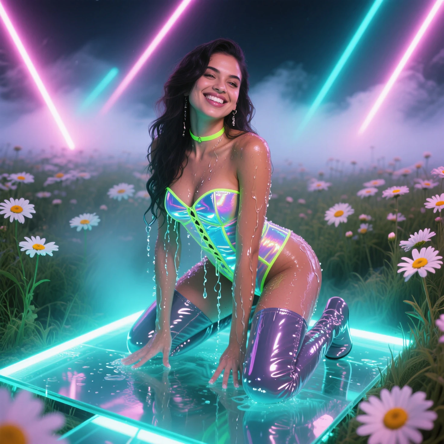 A photorealistic cute, slender aerobics instructor with very short brown hair, very short brown hair, very short brown hair, very short brown hair, brown eyes, and dimples, standing confidently in a fantastical landscape. She's wearing a tight, black, latex corset. The background features floating islands covered in bioluminescent plants, cascading waterfalls of rainbow colors, and giant crystalline structures that refract light. Vibrant colors include deep purples, electric blues, neon pinks, and shimmering golds. The lighting is ethereal, with a soft glow emanating from the plants and crystals. Broad strokes of bright, contrasting colors sweep across the sky, reminiscent of an abstract painting - vibrant oranges, lime greens, and vivid magentas create a striking contrast against the fantastical elements.