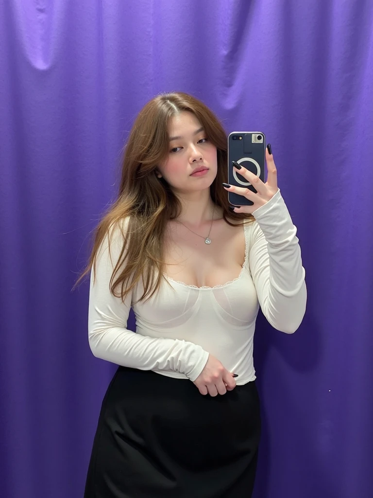 there is a woman taking a selfie in a mirror, profile picture, profile image, profile pic, taken in the early 2020s, with tattoos, cruel korean goth girl, very very low quality picture, selfie of a young woman, headshot profile picture, ulzzang, with bangs, 30 years old woman, 3 0 years old woman, very sexy outfit, Big , huge , no clothes, sexy, cute, wide hips, thick thighs, pear-shaped body, minimal clothes, thick, bbw, chubby stomach, thick nipples, nipple piercings, large areola, hard nipples, piercing through shirt, nipples hard through shirt, busty, major cleavage, naked, ripping through top, spilling over sides, bra too tight, giant , huge ass, down to knees, facing left