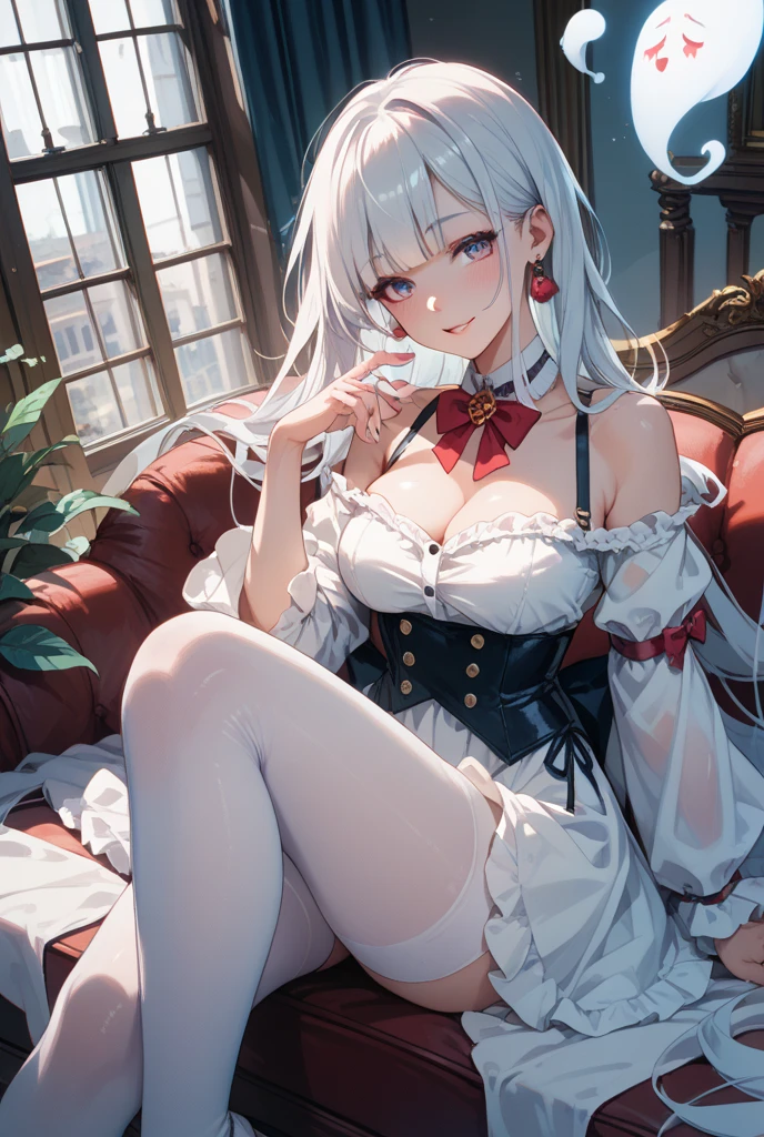 tmasterpiece，k hd，good quality, 1girll, Extremely detailed,High-end living room，sitting in the couch， Extremely delicate big eyes, Honkai，klara with huge breasts，Lori huge breasts cleavage，(Small breasts, Silvery-white hair。choker necklace，Earrings, Drill hair, black short skirt,White stockings with lace，Small leather shoes，angle of view,Light red blouse，Pay attention to arm details, Finger details, Shy, Smiling, Blushing, Perfect hands, Depth of field