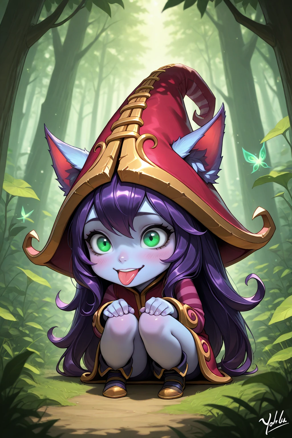 Lulu (League of Legends), 1girl, animal ears, bikini, blush, thighs, abdomen, colored skin, breasts, fang, full body, green eyes, happy, hat, League of Legends, open mouth, purple hair, purple skin, smile, solo, witch hat, yordle