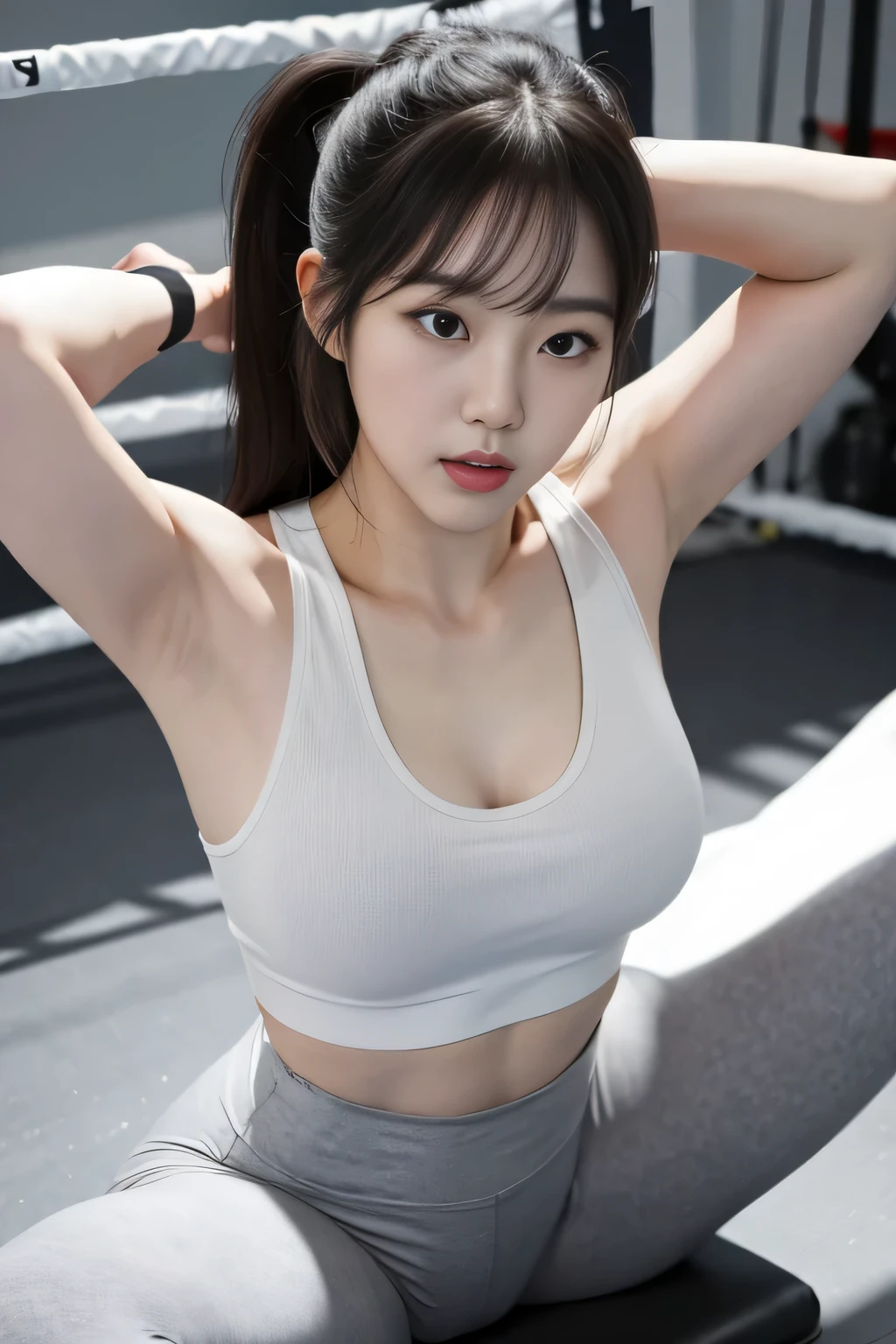 best quality, 8k, highly detailed face and skin texture, high resolution, big tits japanese girl in sports bra and yoga pants at gym, full body, sharp focus