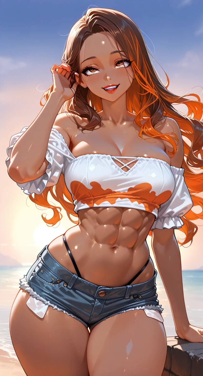 Masterpiece, Best quality, Beautiful girl, Beautiful face, Sea, Red hair, Dark skin, Sleeveless, Shorts, Abs, Big breasts,