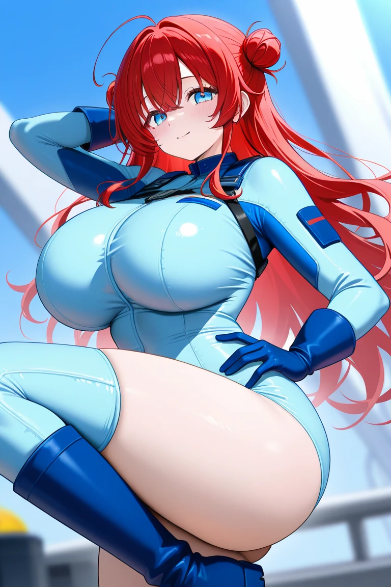 masterpiece, best quality, absurdres, 8k, perfect shadows,perfect lighting,hdr, cowboy shot,shiny skin,skindentation, beautiful body, NamiFinal, ((red hair: 1.4)), long hair, blue eyes, (crop top, underboob, elbow gloves, thigh boots, split skirt, bare shoulders, curvy, midriff, curvy, thighs, higheels, shiny clothes), complex detailed background, inside, luxury palace) (gigantic breasts,hourglass body, thin waist,very slim waist)extremely detailed face,detailed eye makeup, detail face, nice detailed eyes,nice hands, perfect hands (realistic pupils,realistic iris:1) heavy eye makeup,glowing eyes, Bright eyes,standing,standing at attention,(seductive smile), gigantic breasts, curvy