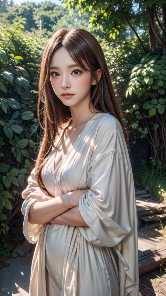masterpiece, best quality, extremely detailed CG unity 8k wallpaper, A detailed and highly detailed vermilion kimono、lips, Open_mouth, Realistic, photograph_\(Moderate\), alone, (masterpiece),(photographRealistic:1.3), Very detailed, (Skin with attention to detail:1.2),(Highest quality:1.0), (Ultra-high resolution:1.0), Wavy thin hair, Long Hair,  (Beautiful and detailed makeup), (Sexually excited、Blushing、breathing becomes rough:1.0), In the bamboo forest with many strips of paper on the background。