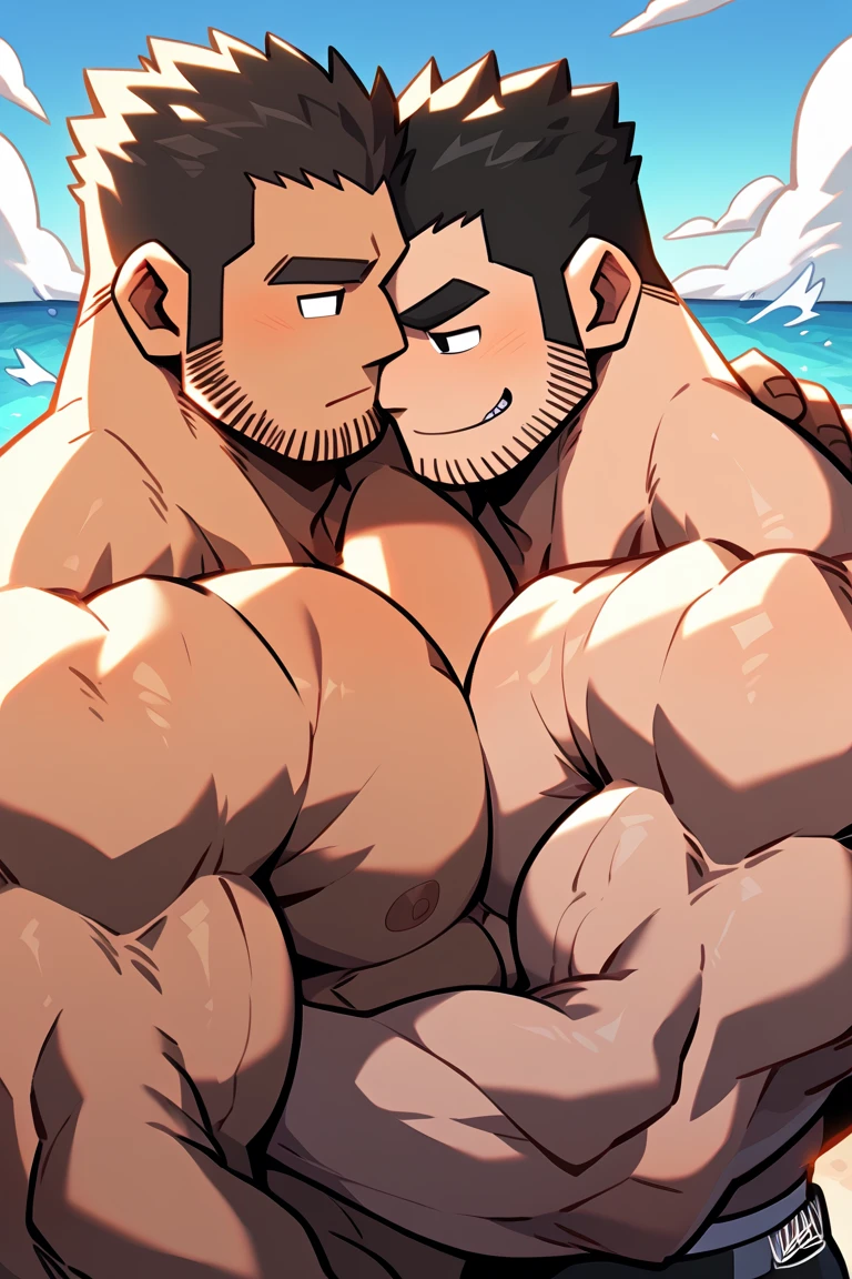 A handsome muscular shirtless naked man , is cuddling and kissing ,a handsome muscular brown haired bearded man wearing a black tank top and red swimwear sunset, barefoot , beach 