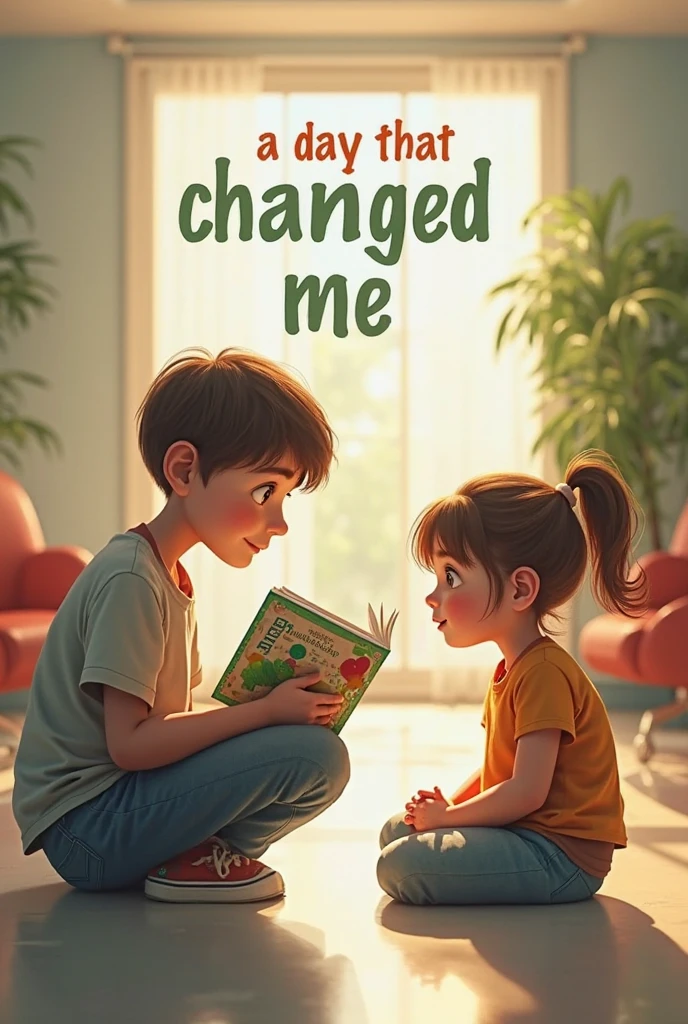 (Pintura), (obra de melhor qualidade), (obra-prima), Cartoon of a 26-year-old woman telling stories to her 2-year-old younger brother in a room full of books as the characters of the work pass through the book. menina com cabelo comprido ondulado e castanho, qualidade perfeita, foco nítido, colorido, anatomia perfeita, rosto perfeito, detalhes intrincados