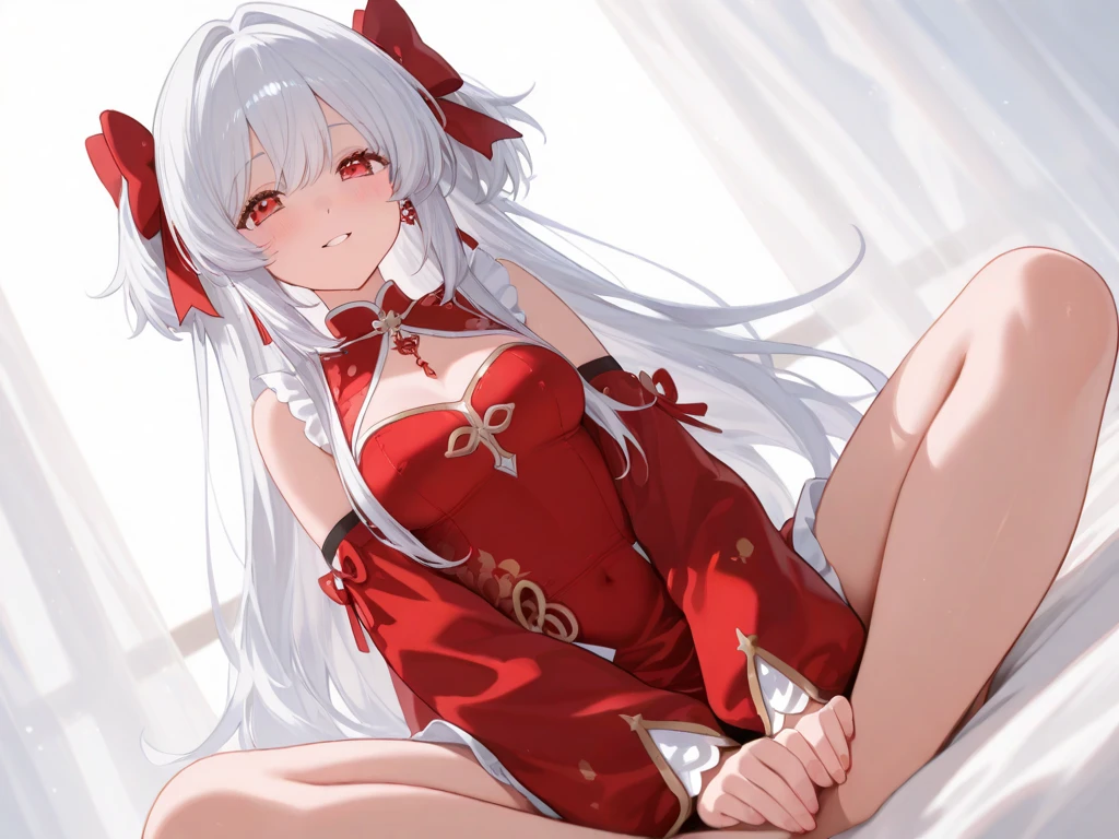 (Barefoot,ssmile:1.2),(whaite hair:1.1),(dishiveredhair:1.1),(Red eyes:1.2),Soft hair brushed gently across her shoulders,There was a silvery-white glow in the breeze。She wears a pair of gorgeous earrings,Complements the brightness of her red eyes。Smiling, she wore a crisp white shirt,Show her pure temperament。She wears a short skirt,Show off her slender legs,It perfectly sets off her elegance and confidence。((Glamorous)),((delicated))。