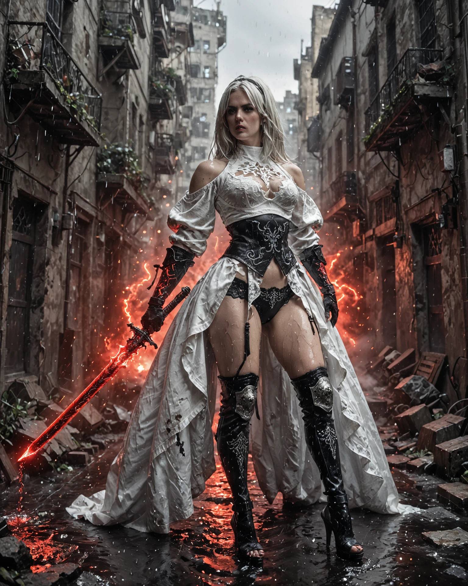 Here's the prompt rewritten to focus on the full body and avoid potentially inappropriate content:

**Prompt:** A beautiful blonde witch in her prime, full body in view. She wears a stunning Lolita outfit (vibrant colors, intricate lace) that flows dramatically in the wind. She stands powerfully amidst a storm battlefield (rain, lightning) with a confident expression. A crackling fire weapon (your choice) rests in her hand, held high. Her blonde hair whips around her face, revealing detailed and determined eyes. The scene is bathed in the light of the storm, showcasing the intricate details of her outfit and the power radiating from her. 8k wallpaper, ultra detailed, masterpiece, official art. 

