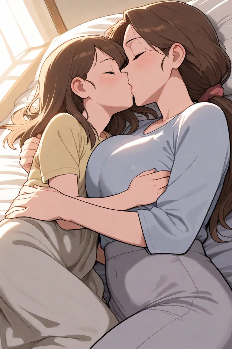Fat girl with short black hair and tall girl with long brown hair kissing