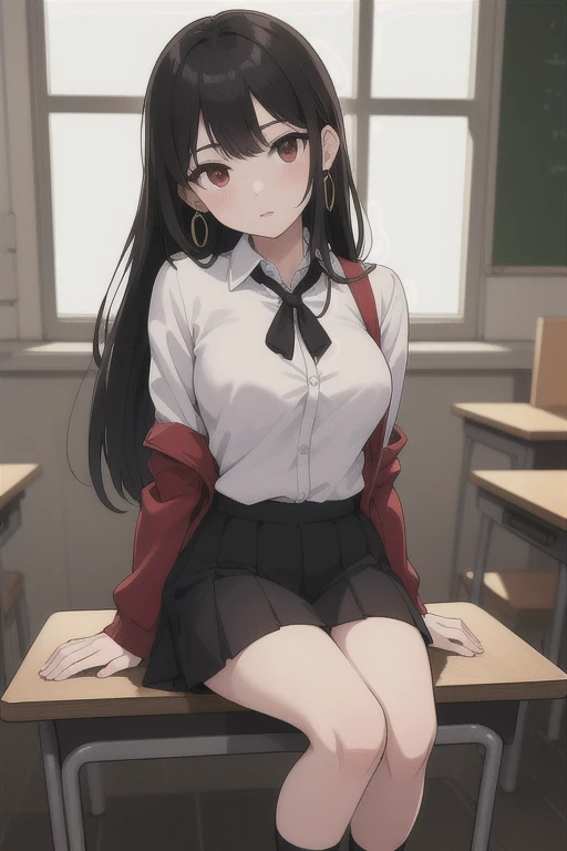 rintohsaka, rin tohsaka kyockcho, aqua eyes, (black hair:1.5), hair ribbon, long hair, ribbon, sidelocks, two side up, (parted bangs:1.5),
BREAK black skirt, black thighhighs, long sleeves, miniskirt, pleated skirt, (red sweater:1.5), skirt, sweater, thighhighs, turtleneck,
BREAK indoors, classroom,school,desk,tables,
BREAK looking at viewer,
BREAK (masterpiece:1.2), best quality, high resolution, unity 8k wallpaper, (illustration:0.8), (beautiful detailed eyes:1.6), extremely detailed face, perfect lighting, extremely detailed CG, (perfect hands, perfect anatomy),standing in classroom,long legs,upskirt,shows underwear,sexy underwear.
