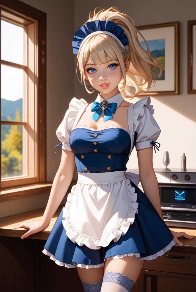 1girl, solo, breasts, looking at viewer, short hair, blue eyes, skirt, blonde hair, hair ornament, thighhighs, cleavage, hair bow, midriff, clothes lift, lips, chinese clothes, skirt lift, plant, teapot, lattice
, <lora:Sexy_Qipao:0.8>