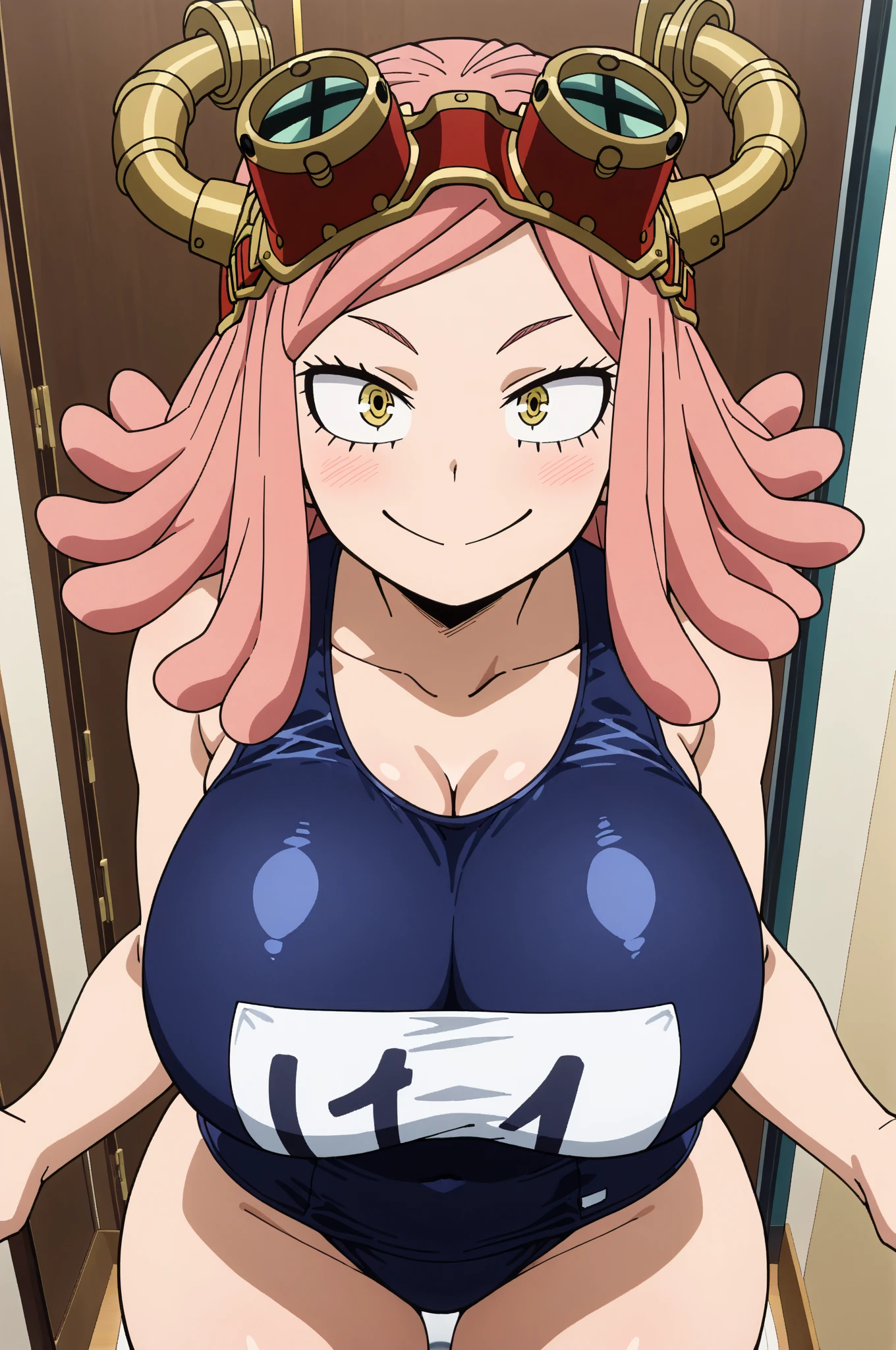 MeiS2, Pink hair, Goggles on head, Symbol-shaped pupils, Yellow eyes, medium hair, gigantic breasts, cleavage, micro bikini, lingerie, garter belts, stockings, 1girl, correct anatomy, BREAK, ((masterpiece, highest quality, best quality, official art, beautiful and aesthetic: 1.2, extremely detailed, fractal art: 1.3, colorful, highest detailed, HDR, vivid visual effects)), BREAK, ((Detailed eyes, Detailed face, Detailed eyes, perfect face)), BREAK, seductive look, grinning,