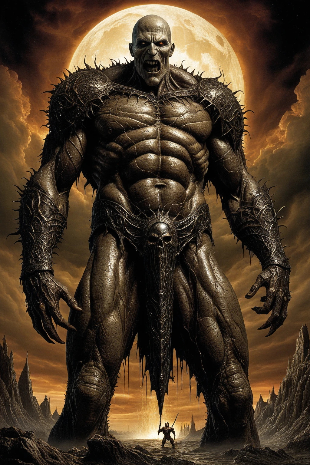 brutalis attacks!

original character: BRUTALIS THE VIOLATER
LARGE ULTRA MUSCLED thick huge ORC mutant MALE SUPER VILLAIN
bald, melted flesh disfigured scarred, gross mutated hyper-muscular slightly misshapen form, long arms and huge hands, grayish skin
covered in filth and gore, he wears a cyberpunk codpiece and armored ski-boots 
WITH organic SPIKES coming out of HIS forearms
hunched forwards threateningly
photorealistic cg
Render "BRUTALIS" logo at the top like a comicbook cover or poster using a distressed grunge font, heroic proportions, artstyle concept art