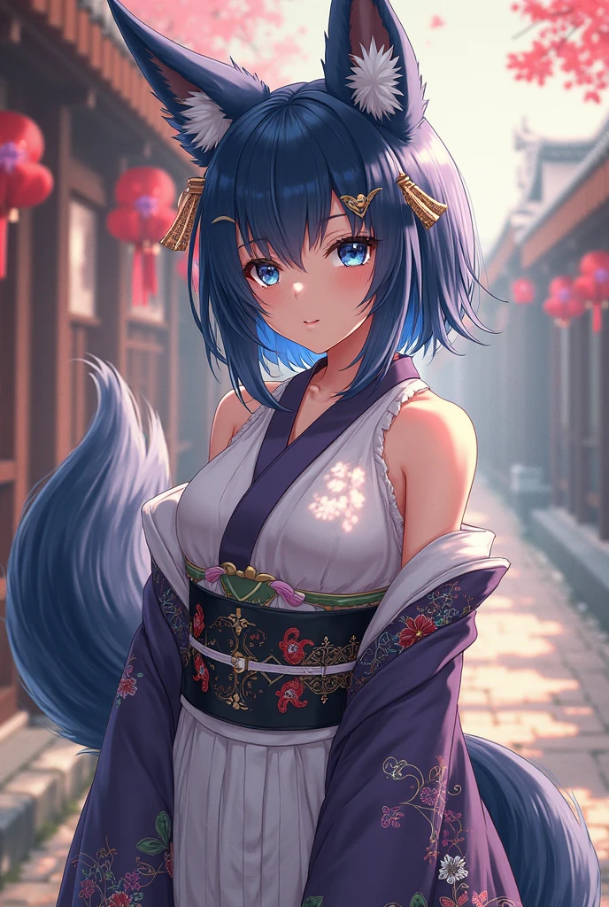 masterpiece, best quality,Sketch of hair flower, flower, hair ornament, 1girl, animal ears, blue eyes, white flower, long hair, solo, black footwear, looking at viewer, blush, long sleeves, animal ear fluff, blue hair, parted lips, bangs, japanese clothes, full body, extra ears, hair intakes, shorts, sash, all fours, kimono, hair between eyes, fox ears, shoes,