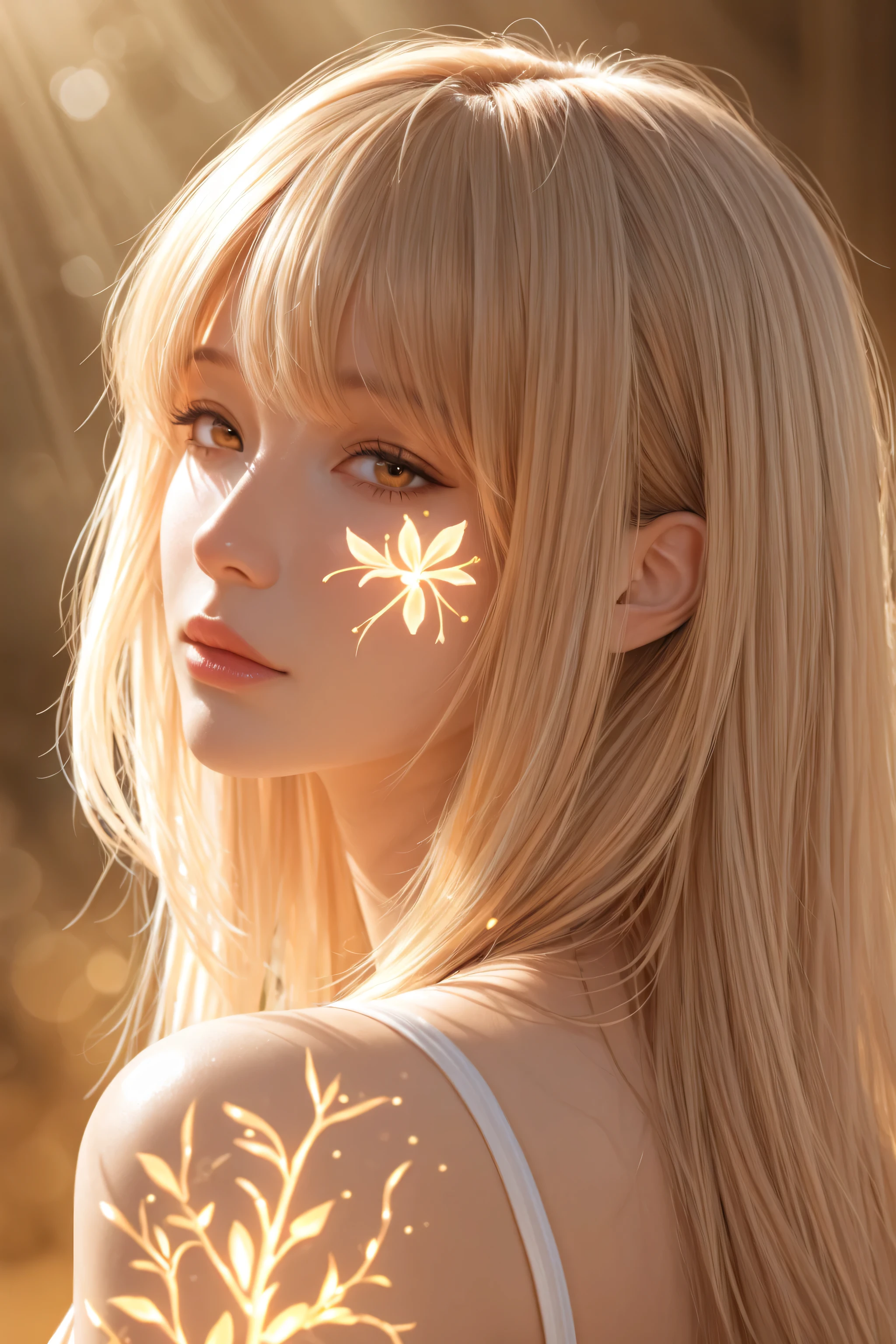 1girl with soft glowing skin, bloom effect around hair and cheeks, warm sunlight from behind, dreamy focus, golden haze background, (realistic, masterpiece, best quality, ultra-detailed, absurdres,very aesthetic, high res)