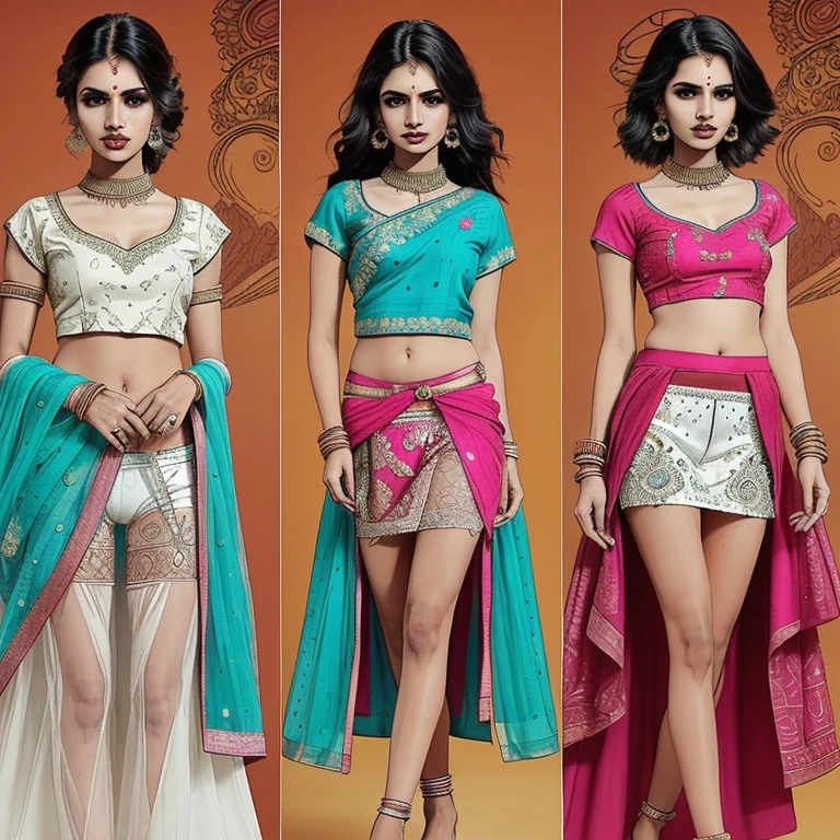 Three extremely different beautiful indian models , 20 year old, ((pink bridal saree)), inside a studio, light background, rim light, key light, different bold sassy poses for magazine, (very very long hair), different expensive designer clothes, ((expensive ornaments)), round deep navel, HDR, hyper realistic, intricate detailing,