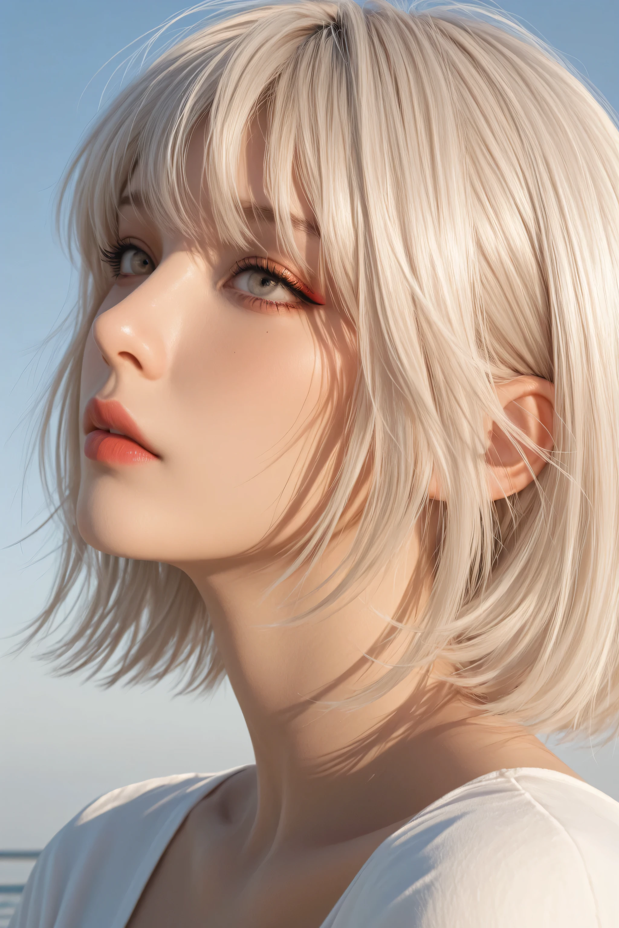 1girl in bright daylight, crisp shadows, neutral white lighting, clear sky background, realistic tone, makeup, realistic, masterpiece, best quality, ultra-detailed, absurdres,