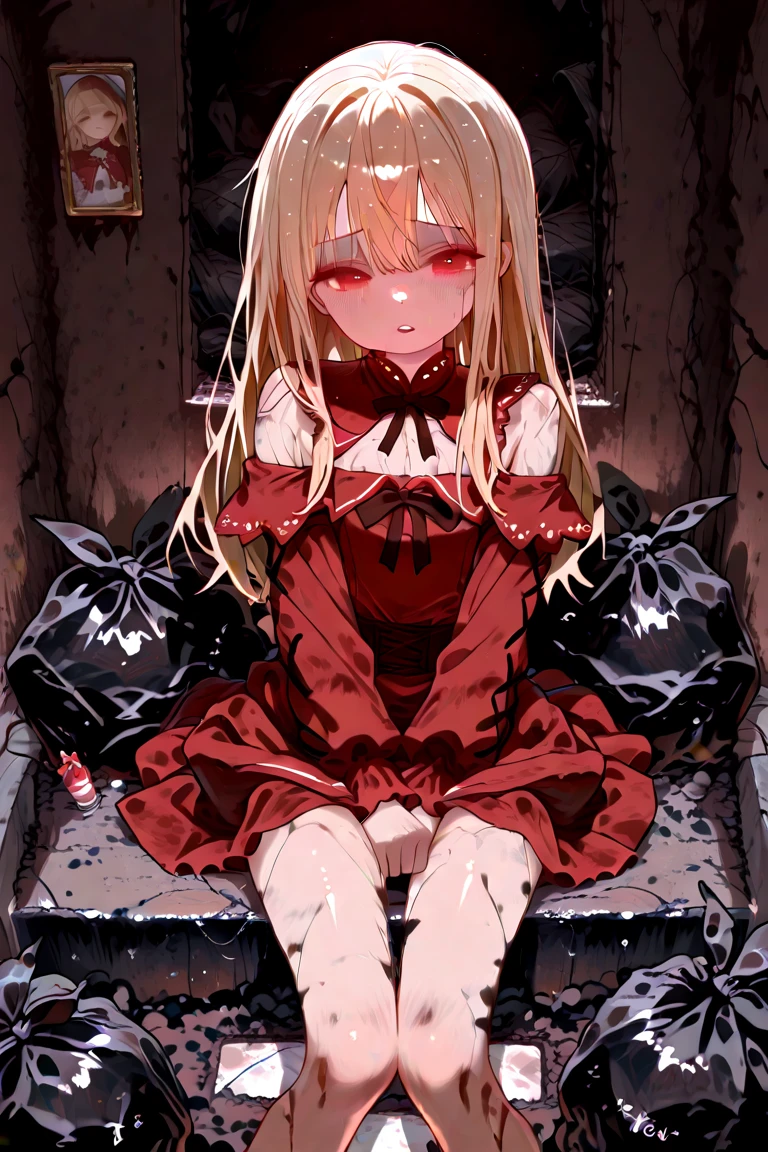 1girl, evil neuro-sama, (yuzu modoki), red eyes, light brown hair, ahoge, two side up, hair ribbon, dark red ribbon, heart hair ornament, black dress, frilled dress, off-shoulder dress, bare shoulders, frilled choker, long sleeves, red bow, red buttons, black heart, black socks, frilled socks, grey footwear, loafers, (masterpiece, best quality), highly detailed, finely detailed, chair, sitting, bound, from above, arm behind back, wet, angry, gagged, looking at viewer,