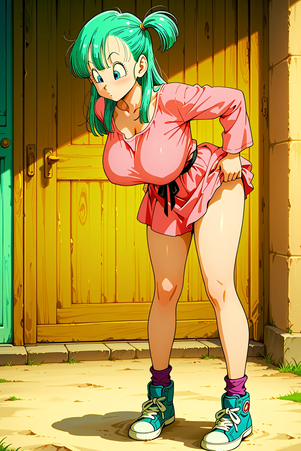 masterpiece, best quality, high resolution, dragon ball, blmpony, aqua hair, hair ribbon, braided ponytail, pink shirt, belt, scarf, pink skirt, clothes writing, brown gloves, medium breasts, in back pose, back wards looking camera, smile, show her booty, show ass, ultra mini dress,Anime,bulma (WIND LIFTING HER SKIRT) (detailed:1.3), ultra high res, ultra detailed, Highly detailed face and skin texture, detailed eyes jewelry, earrings, BACK POSE CLIMBING STAIRS ( SHOW HER ASS),edgHL (ULTRA MINI SKIRT) (CLOSED UP BOOTY)