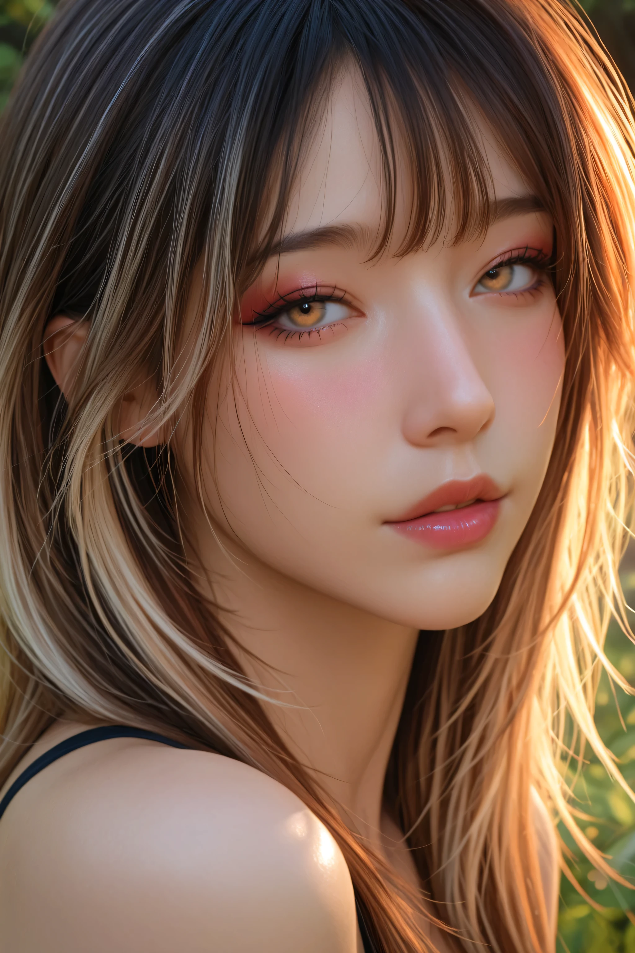 1girl, multicolored hair, makeup, medium shot, natural light, soft lighting, realistic skin, subtle blush, glossy lips, calm expression, outdoor setting, glowing highlights, photorealistic, natural background, (realistic, masterpiece, best quality, ultra-detailed, absurdres,very aesthetic, high res)