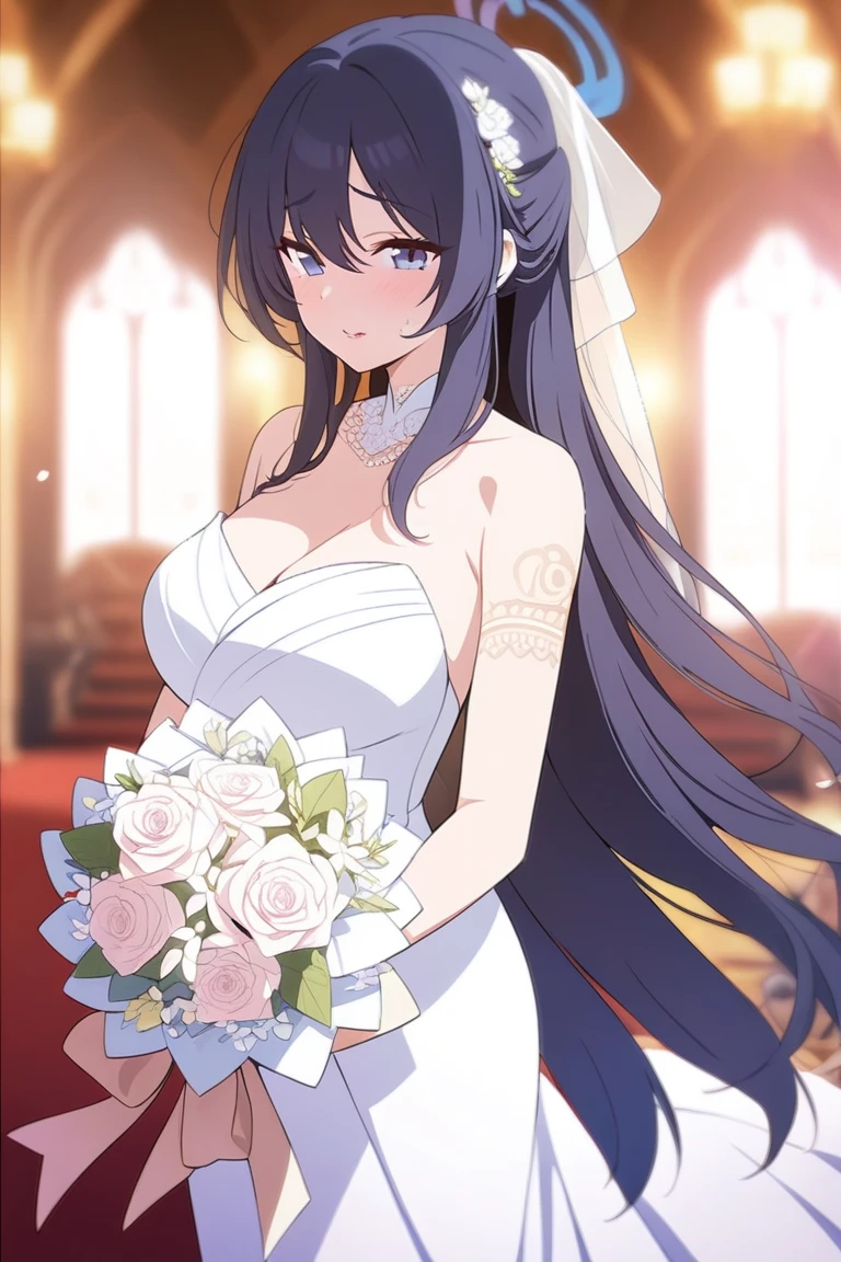 Saeko Busujima,
long hair, Bangs, blue eyes, purple hair, Smile,Shut up,blush,
Close-up of beautiful bride wearing beautiful wedding dress,Gurwitz,(bridal veil:1.5),(Transparent short veil:1.5),Blushing face,Head flower,headgear,(tube top wedding dress:1.5),(Silk dress:1.2),(Strapless wedding dress:1.5),pure white dress,necklace,earrings,(large breasts:1.3),Deep V peach heart collar wedding dress,Bangs,lipstick,(elbowgloves:1.3),whole body照,High detail RAW color art,Long white dress,whole body,Place your hands behind your back,